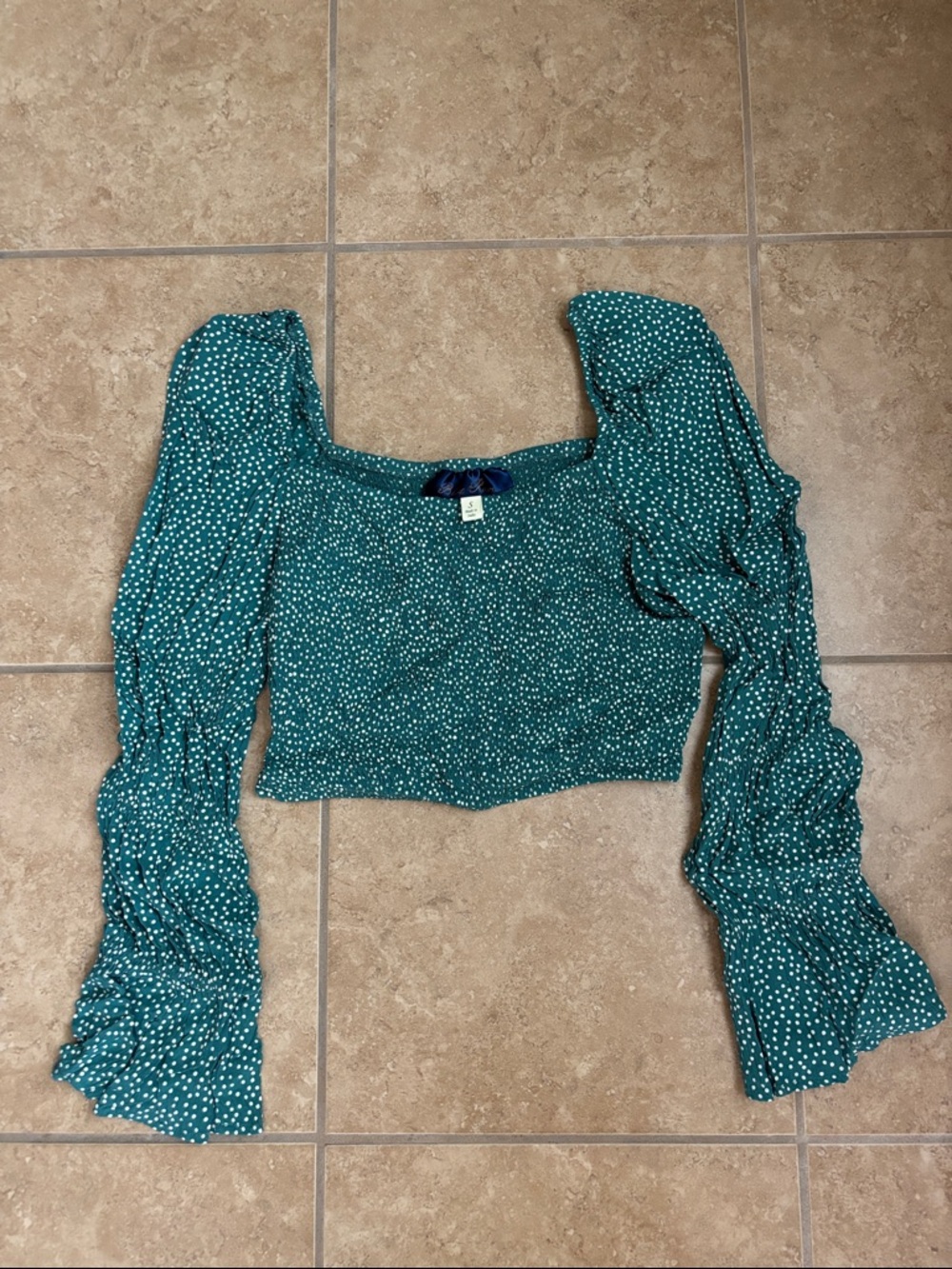 Green Polka Dot Square-Neck Smocked Crop Top